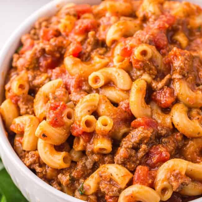 goulash in white bowl