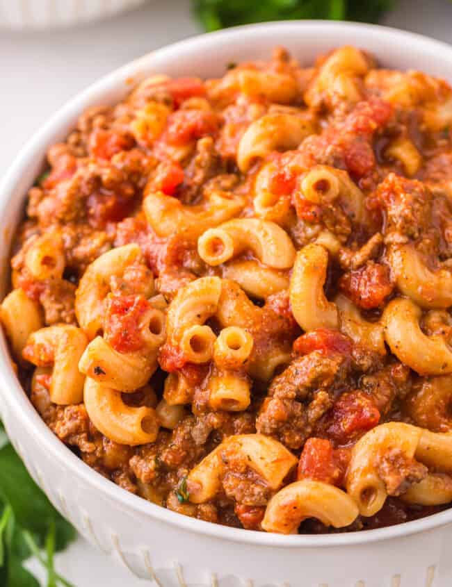 goulash in white bowl