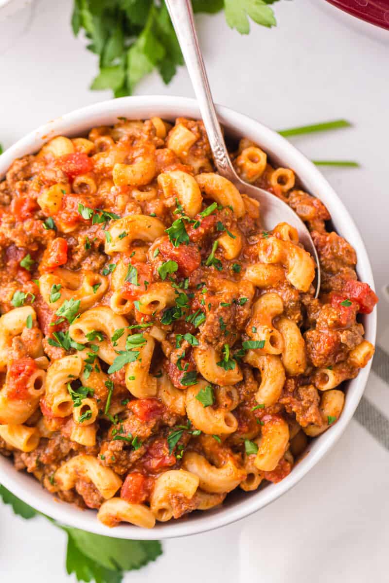 goulash in white bowl