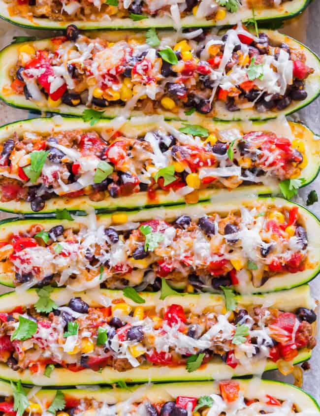 mexican stuffed zucchini boats in baking dish