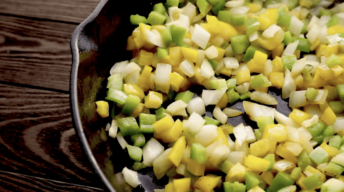 chopped veggies in a skillet.