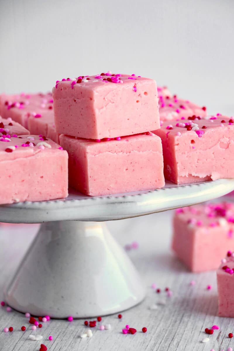 strawberry fudge stacked on cake stand