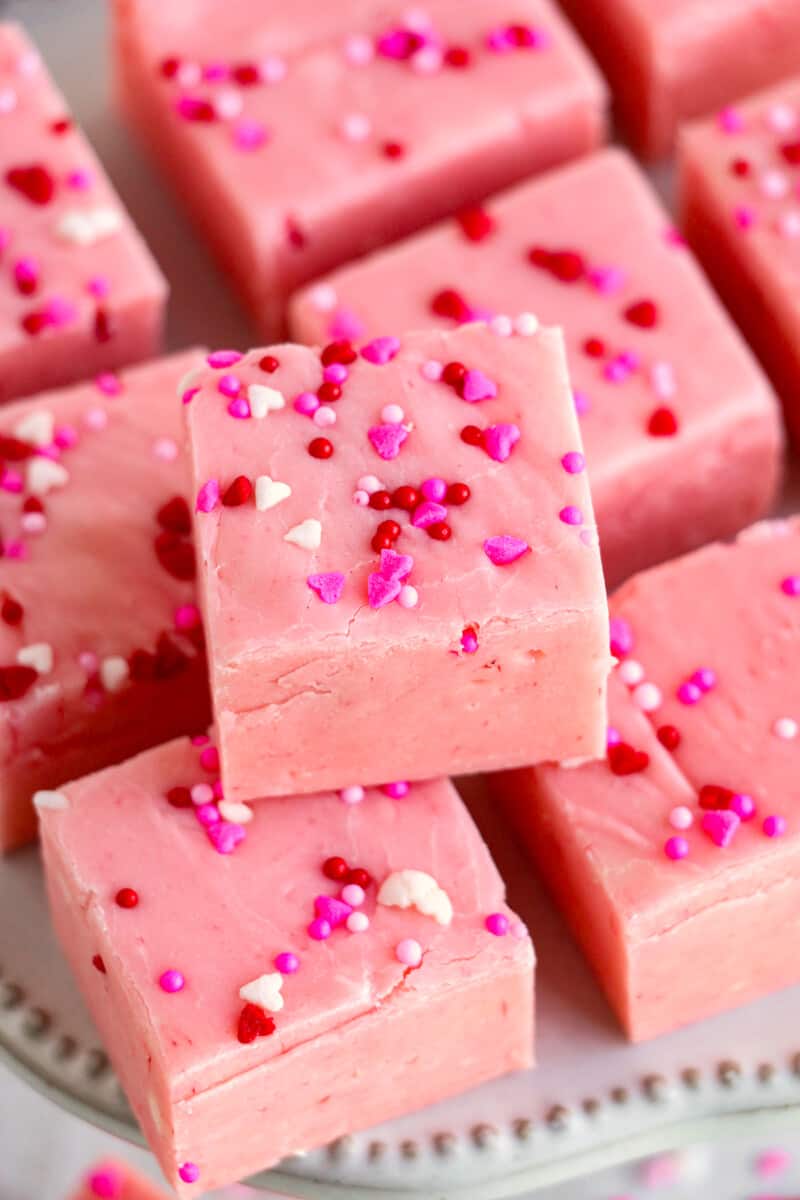 pink squares of strawberry fudge topped with Valentine's heart sprinkles.