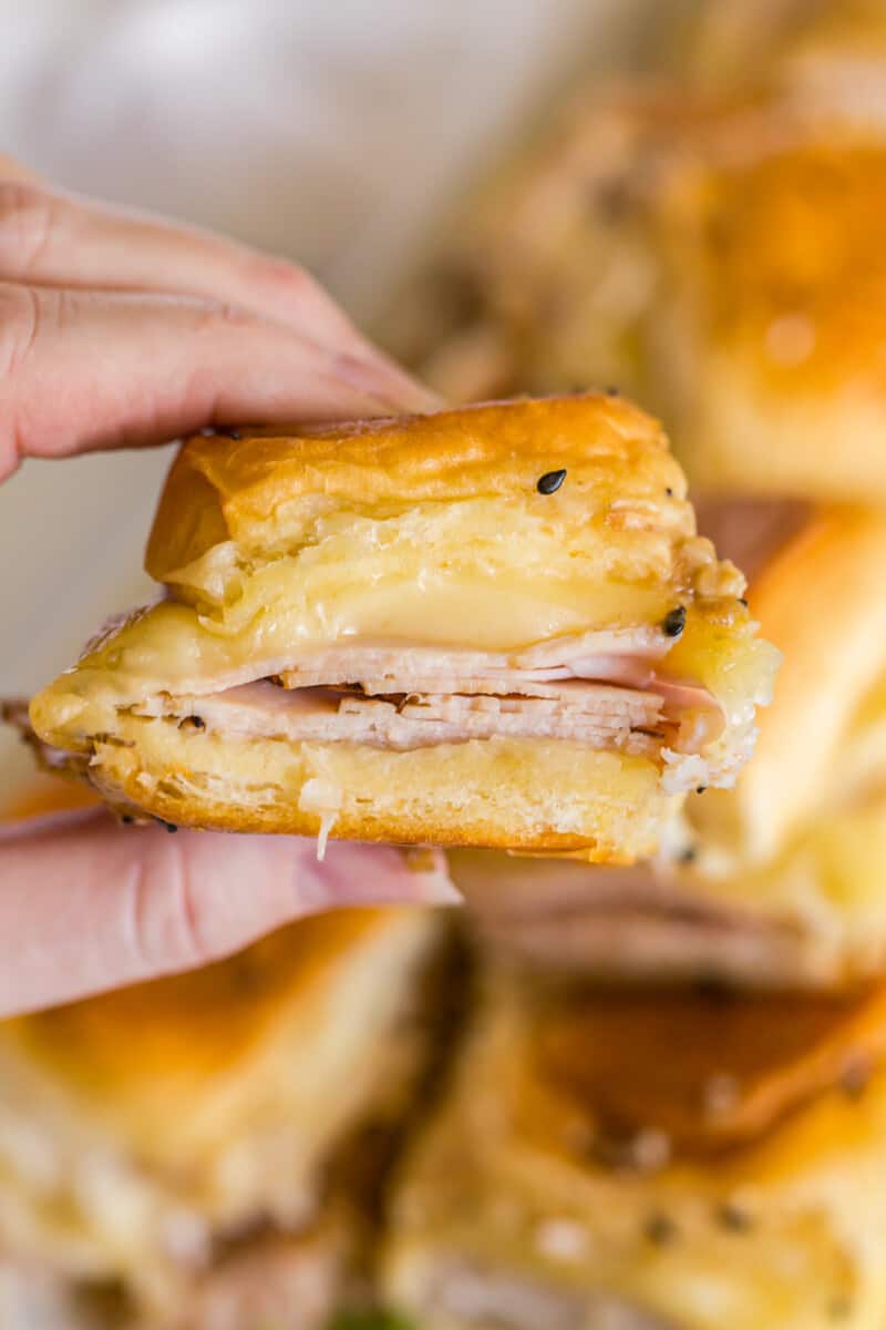 A hand holding up turkey slider.