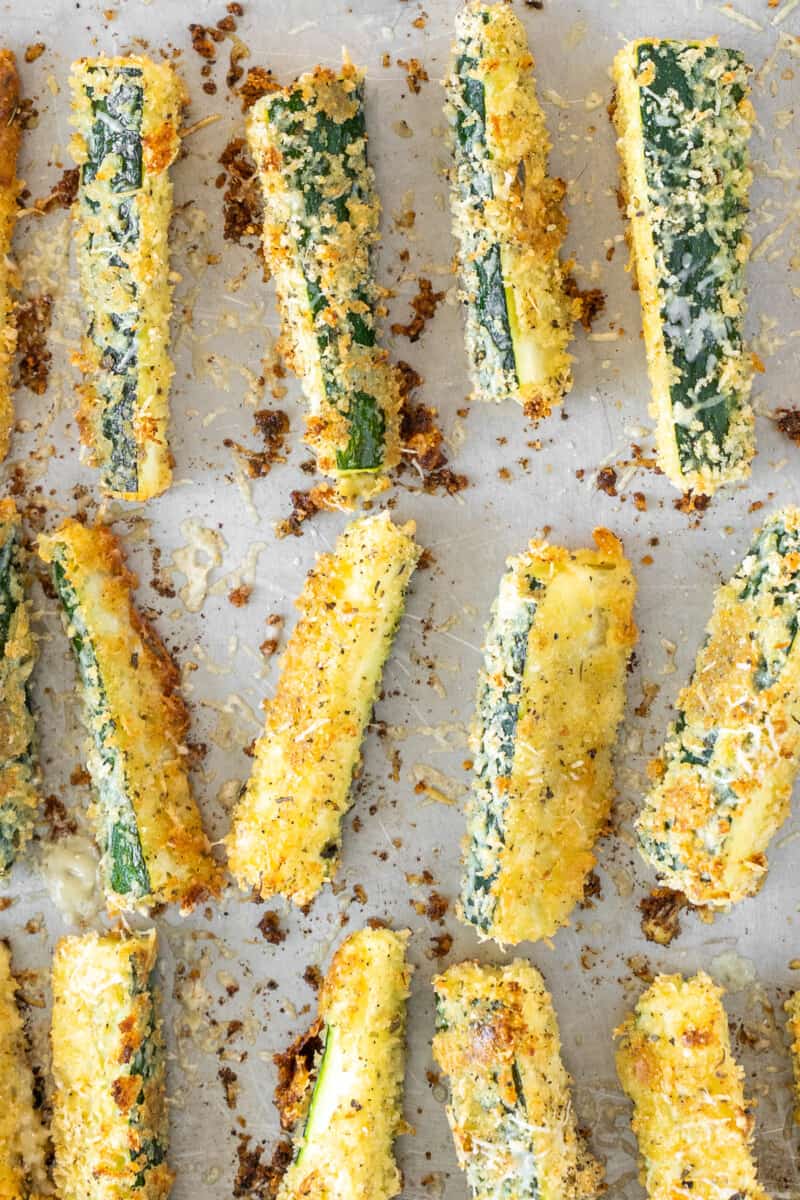 crispy zucchini fries on baking sheet