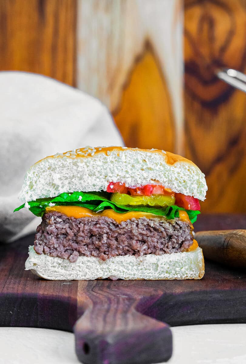 air fryer cheeseburger cut in half