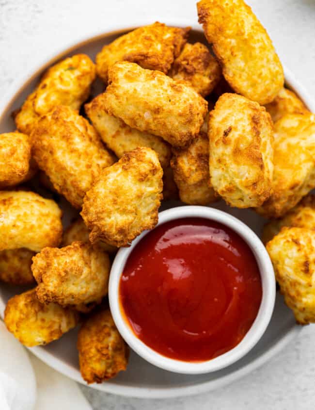 air fryer tater tots in white bowl with ketchup