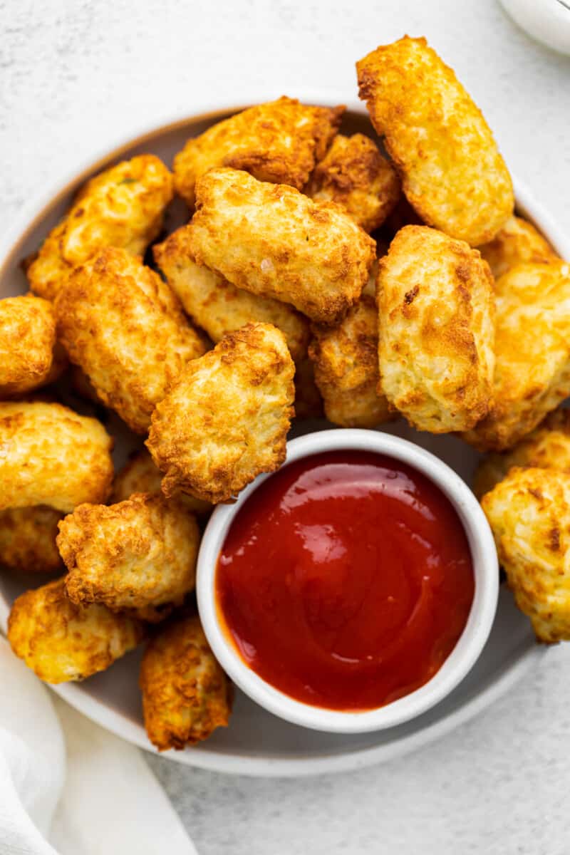 air fryer tater tots in white bowl with ketchup