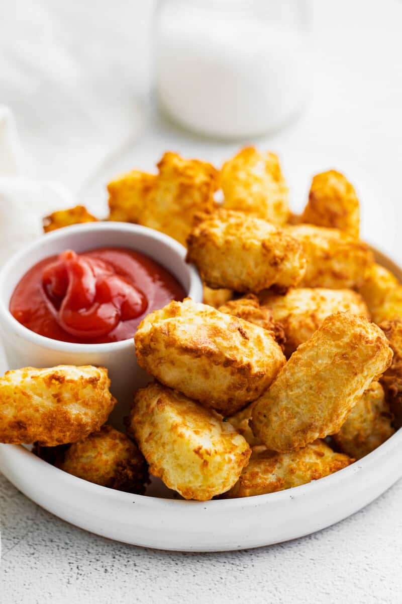side shot air fryer tater tots in white bowl with ketchup