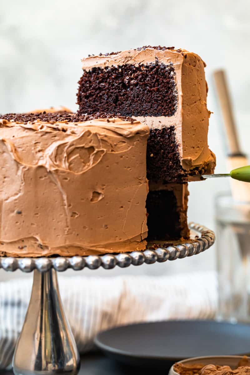 best chocolate cake with chocolate frosting on cake stand