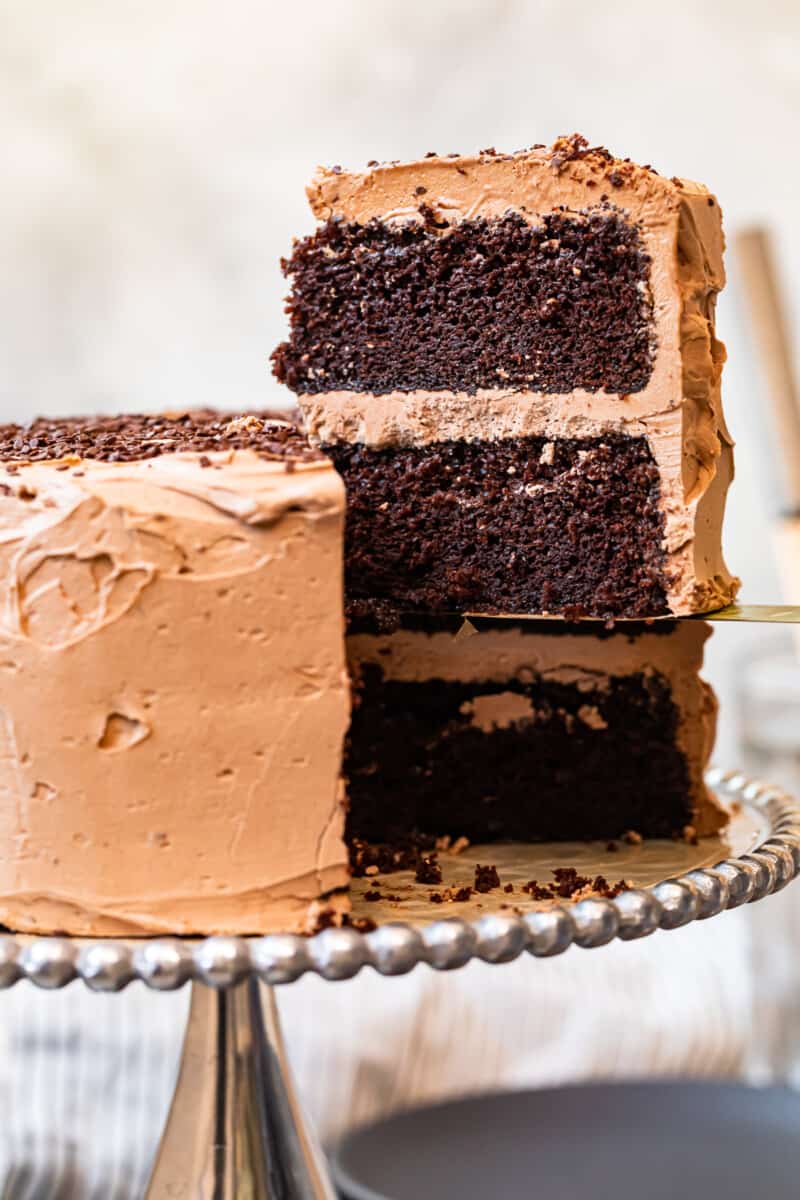 best chocolate cake with chocolate frosting on cake stand