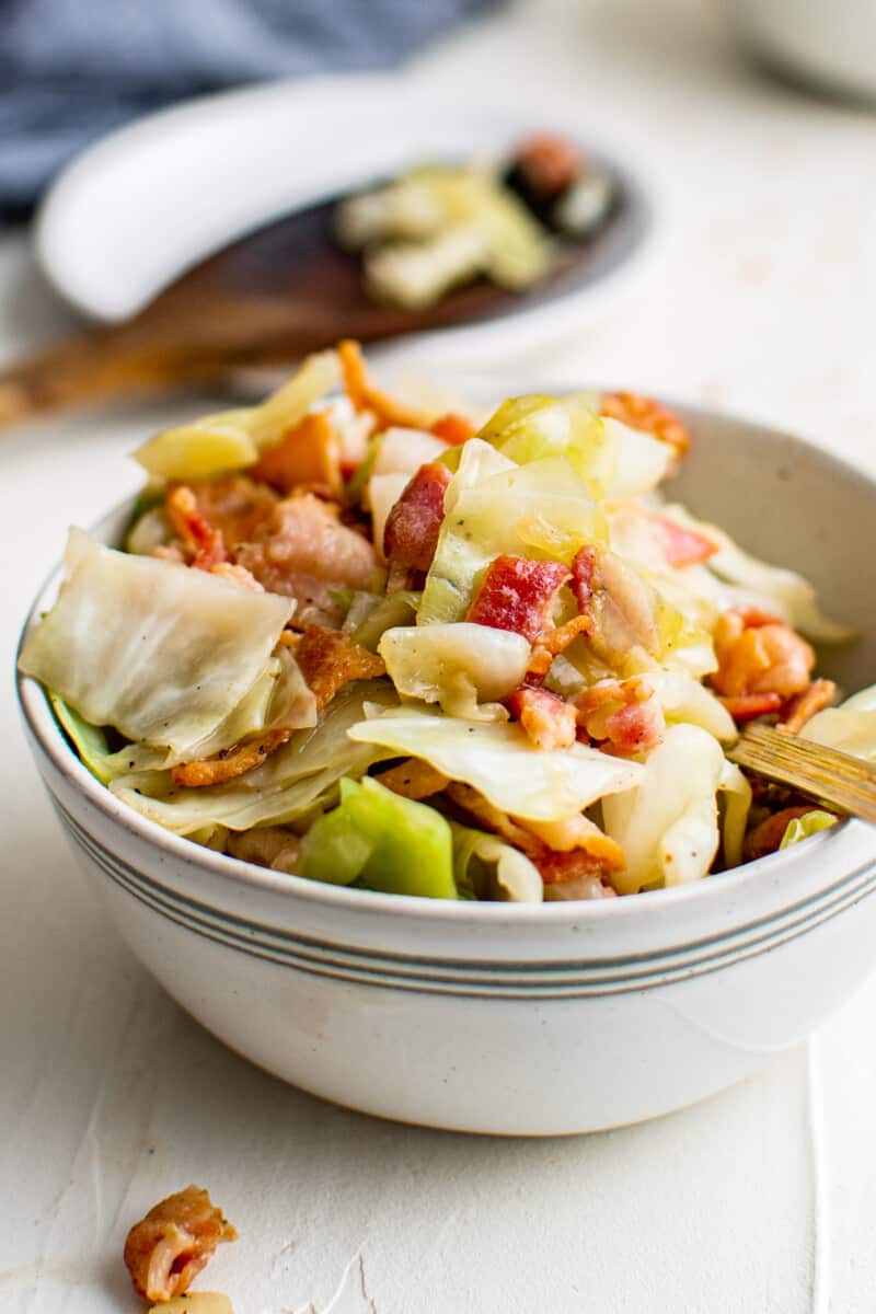 white bowl filled with cabbage and bacon