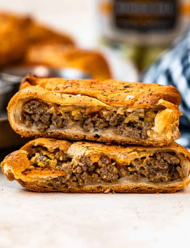stacked cheeseburger hand pies showing the middle