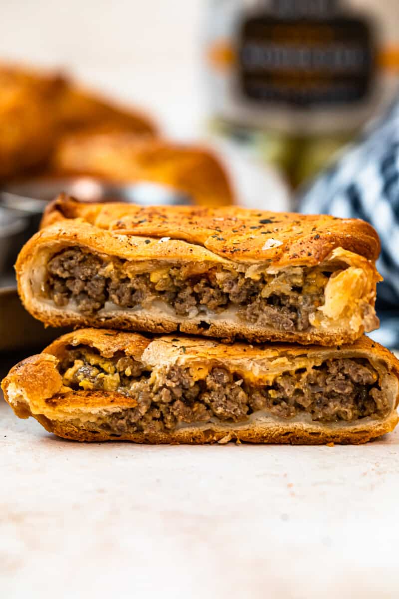 stacked cheeseburger hand pies showing the middle