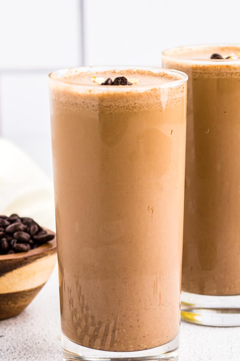 two coffee smoothies in tall glasses