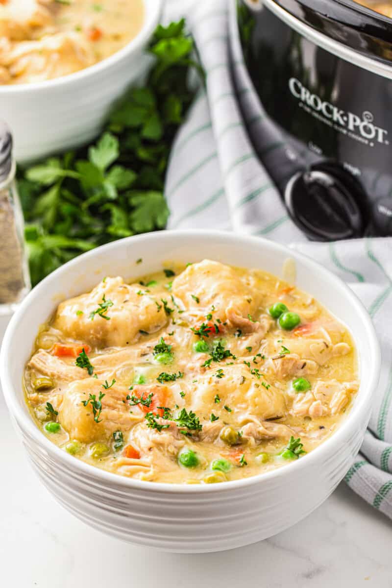 bowl of crockpot chicken and dumplings garnished with parsley