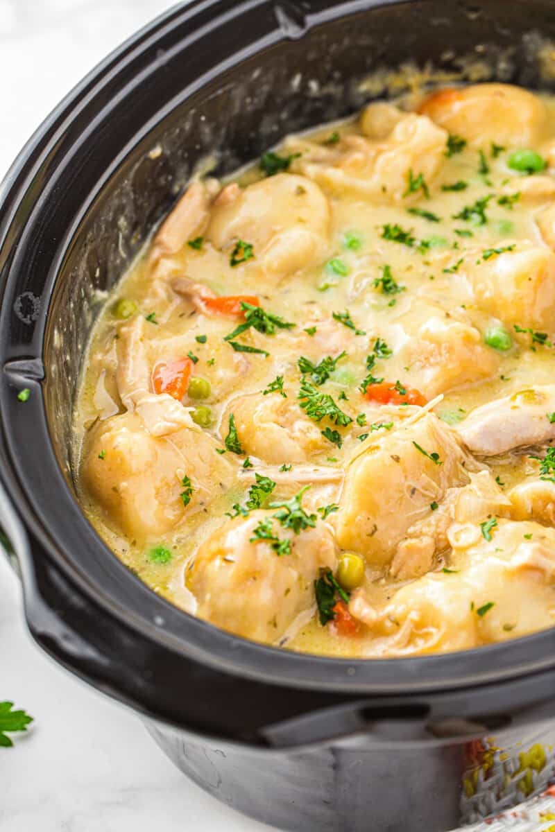 crockpot chicken and dumplings garnished with parsley