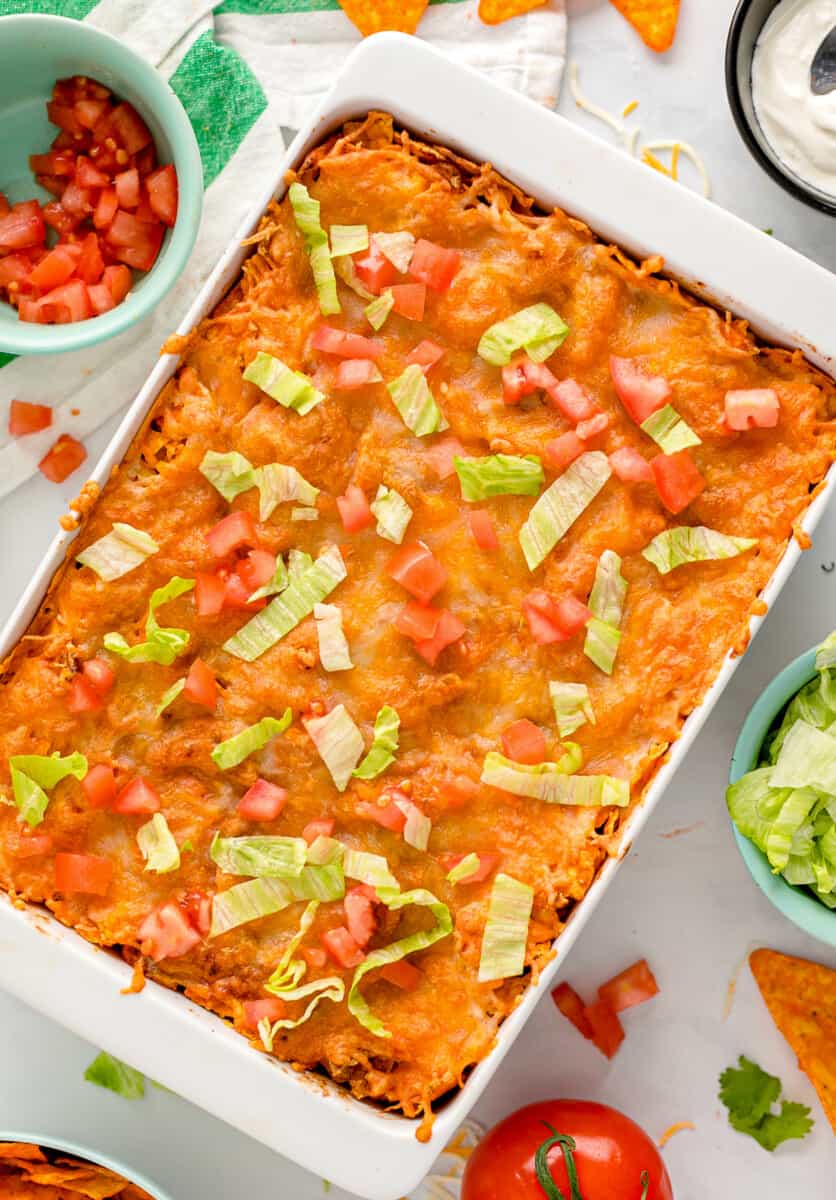 layered dorito casserole in baking dish