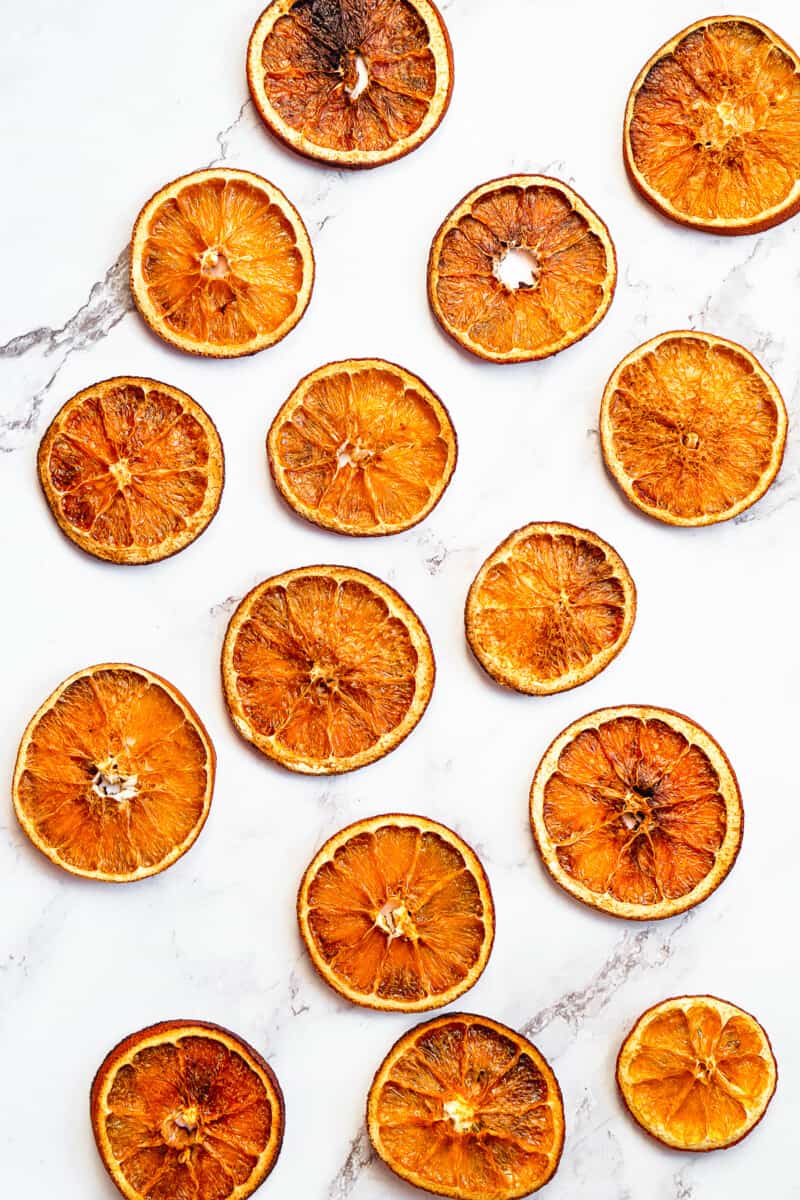 overhead dried orange slices on marble