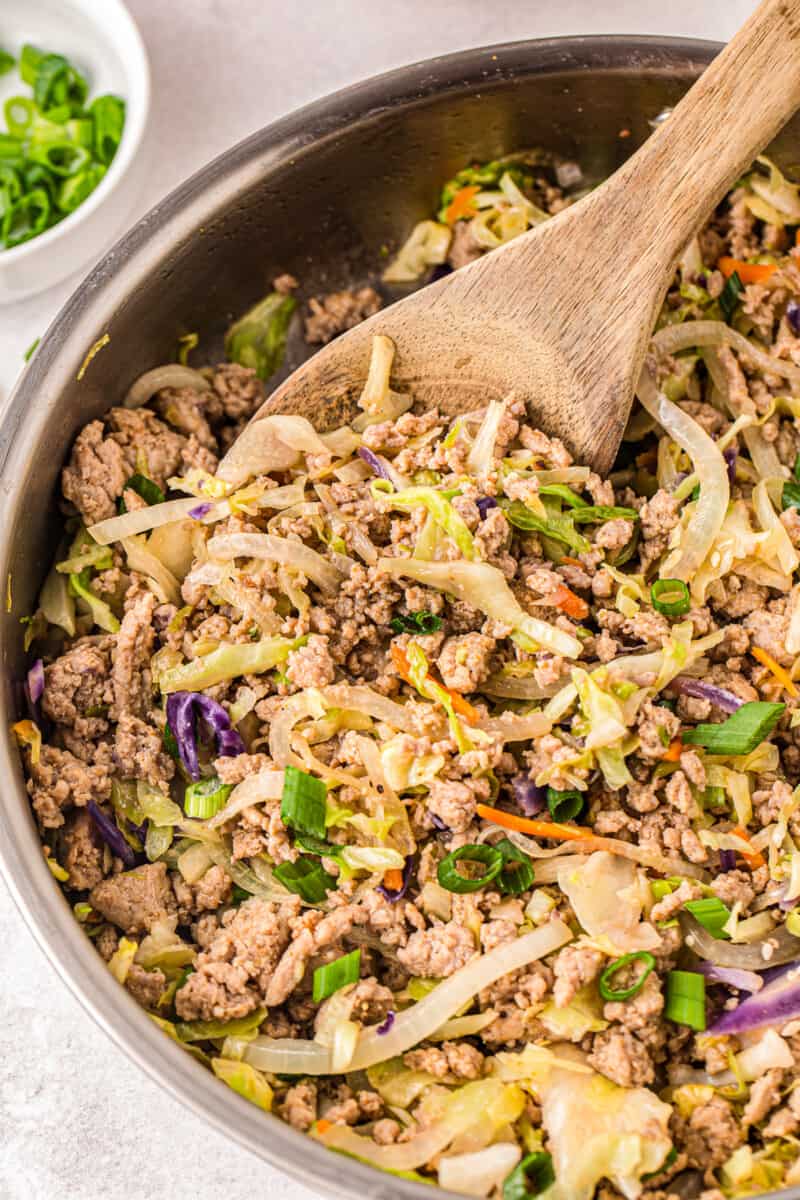 skillet with egg roll in a bowl