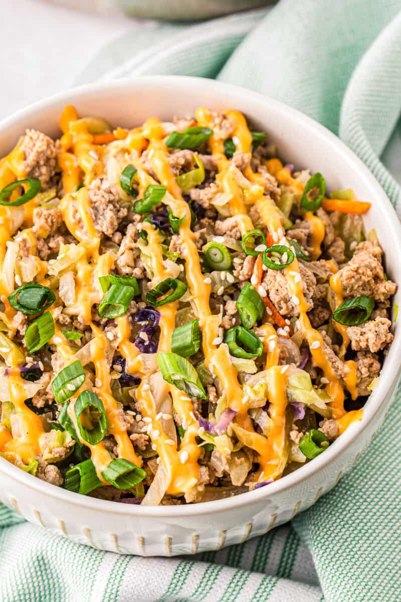 white bowl with ground turkey egg roll in a bowl