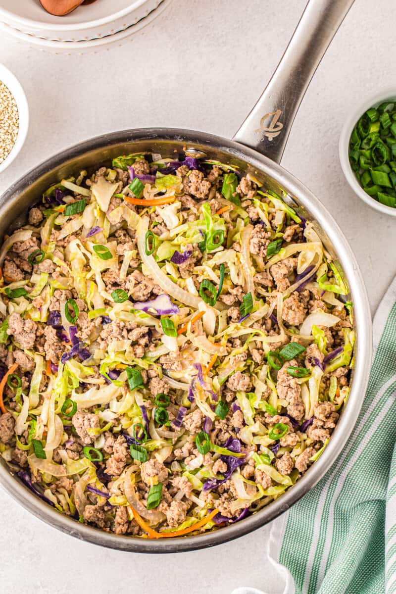 skillet with egg roll in a bowl ingredients