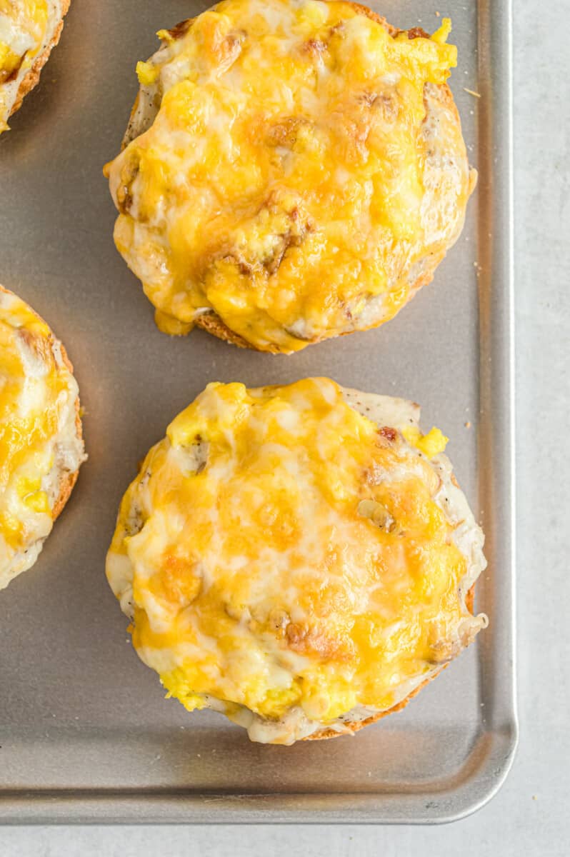 up close image of english muffin breakfast pizzas