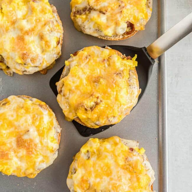 sheet pan with english muffin breakfast pizzas