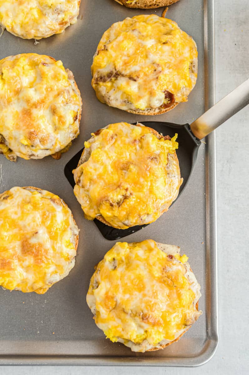 sheet pan with english muffin breakfast pizzas