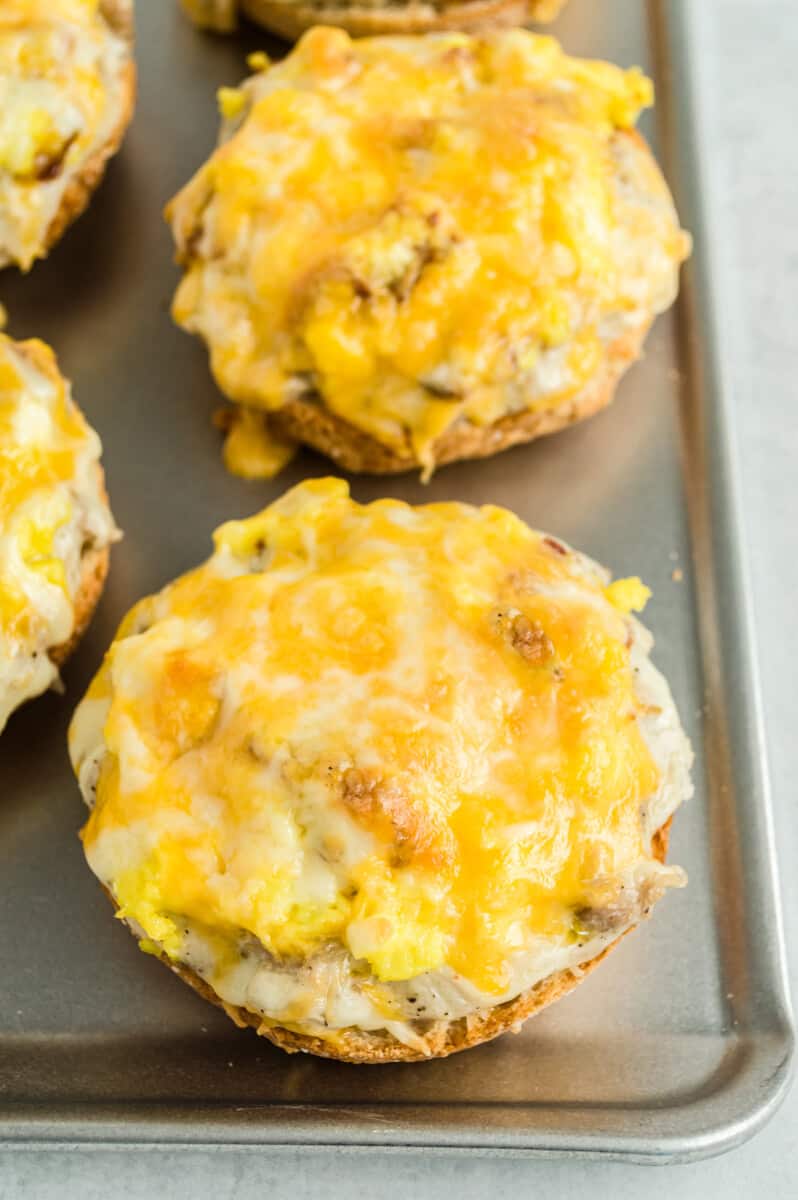 up close image of english muffin breakfast pizzas
