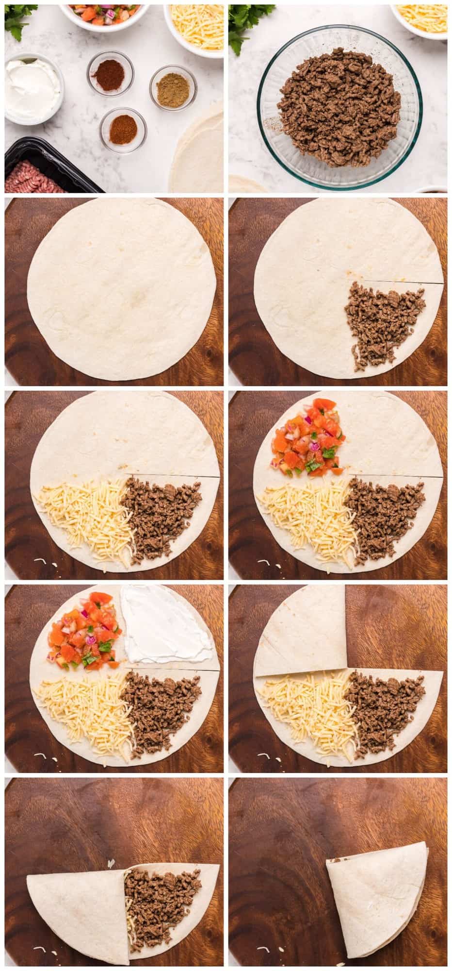 step by step photos for how to make foldover quesadillas, the viral tik tok recipe