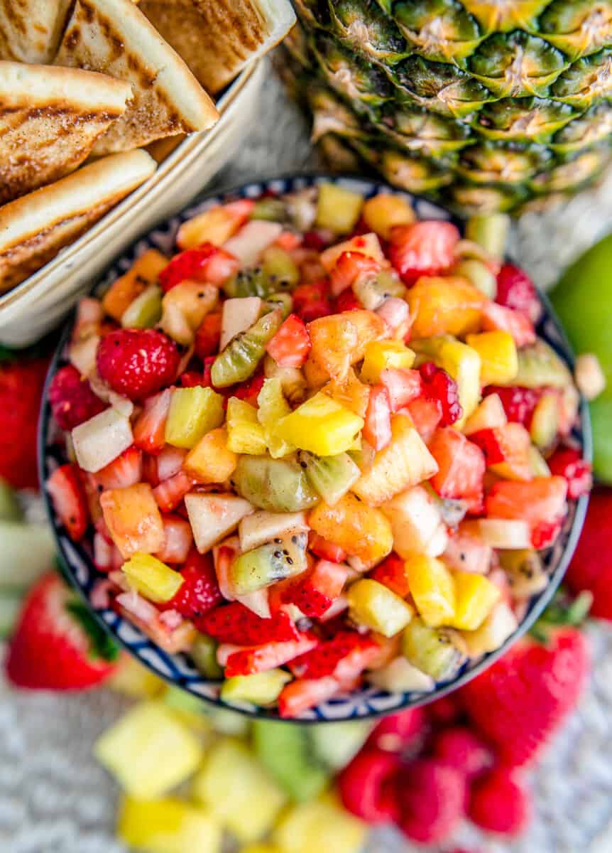 overhead fruit salsa in blue bowl