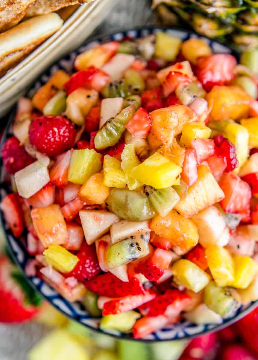 up close fruit salsa in blue bowl