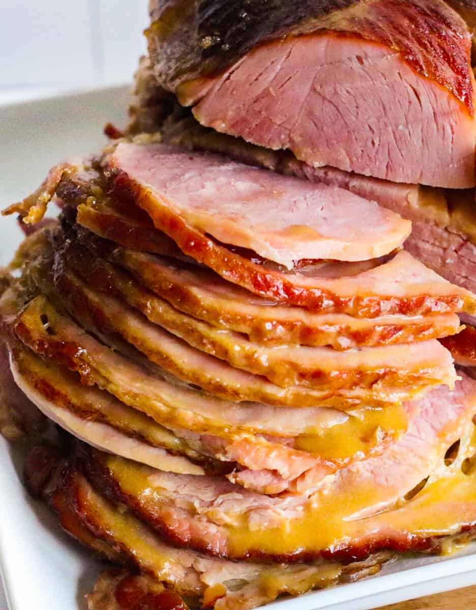 slices of honey mustard maple glazed ham