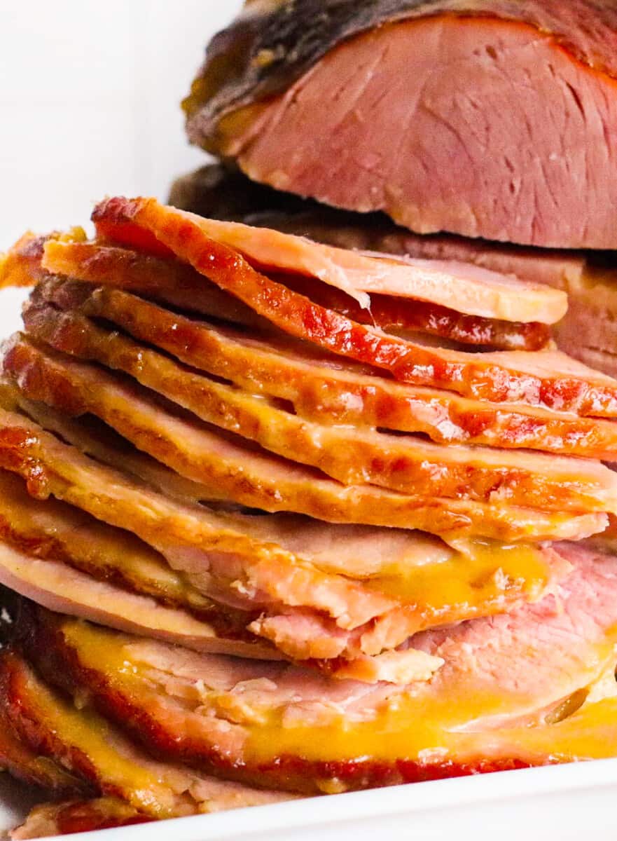 up close slices of honey mustard maple glazed ham