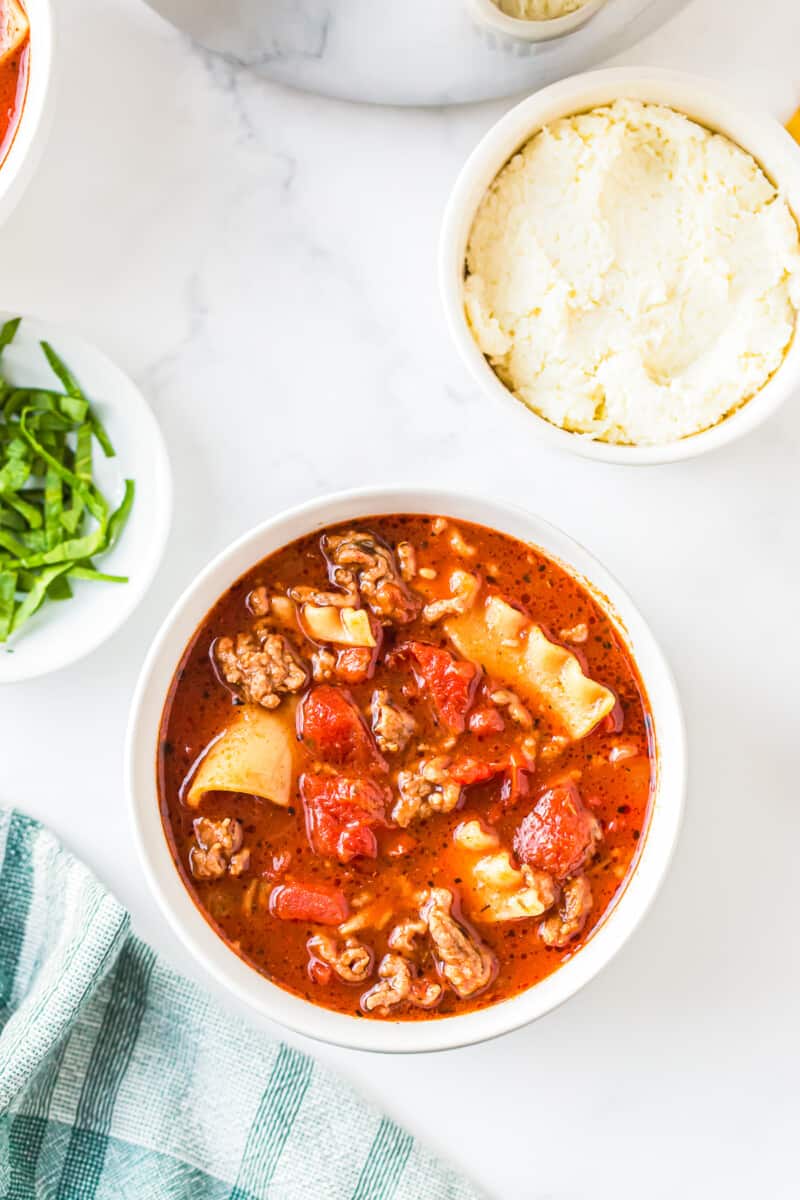 lasagna soup ungarnished in a bowl