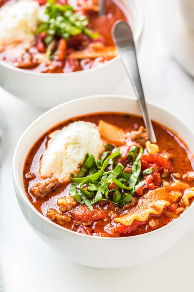 spoon in bowl of lasagna soup