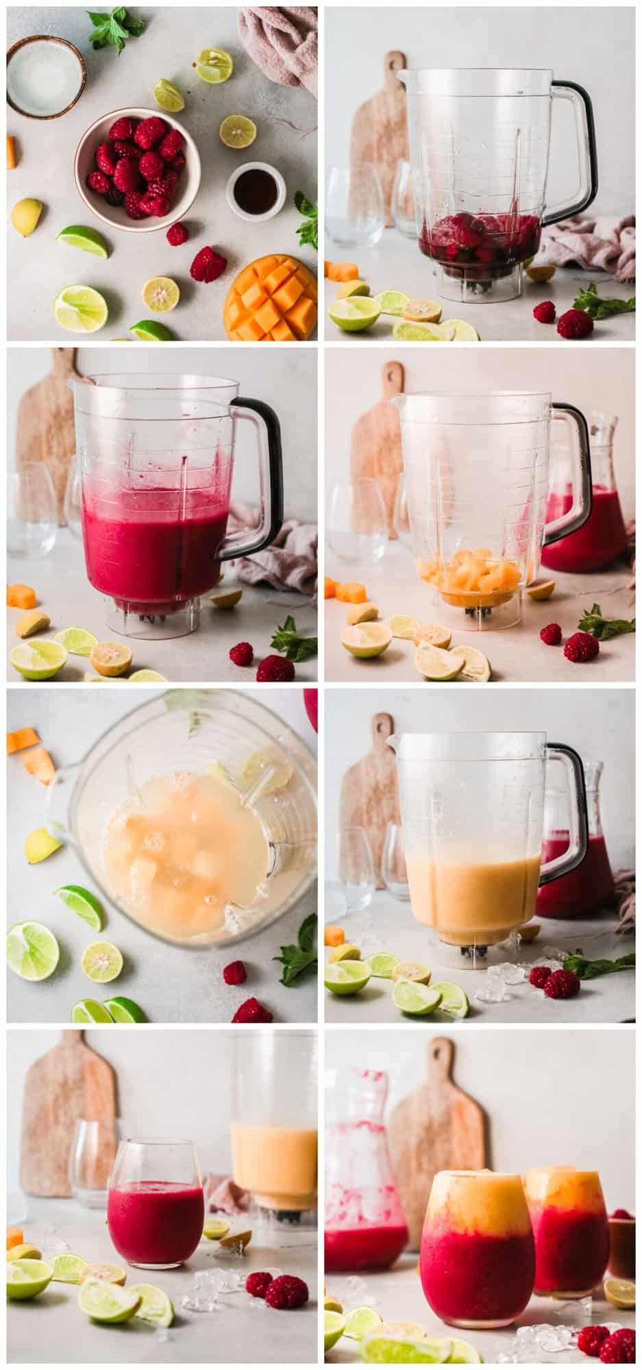 Step by step photos for making raspberry mango daiquiris