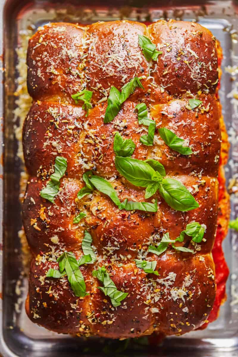 overhead baked meatball sliders on sheet pan