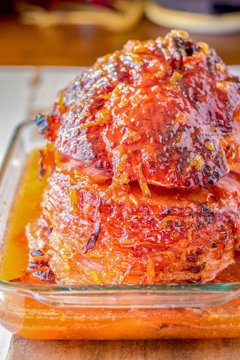 orange glazed ham in baking dish