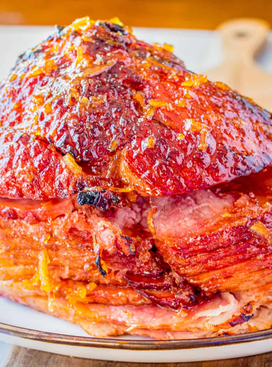 up close honey orange glazed ham