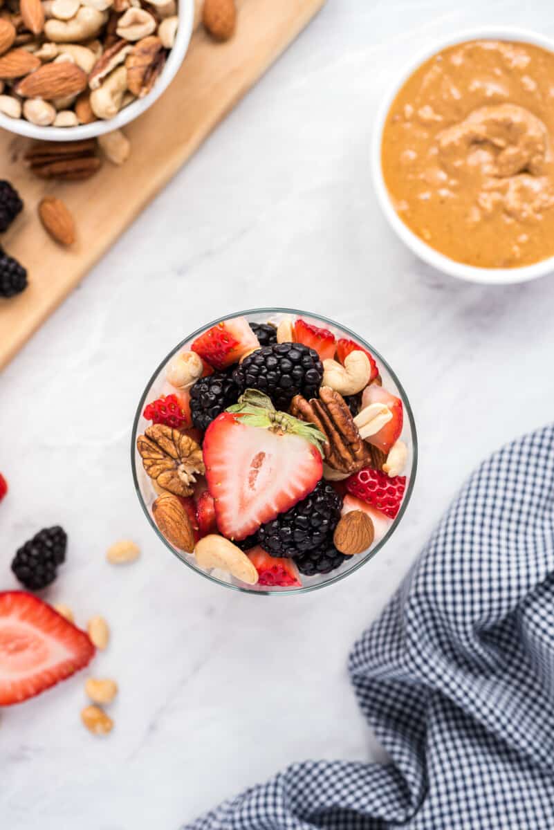 overhead Peanut butter and jelly overnight oats in cup