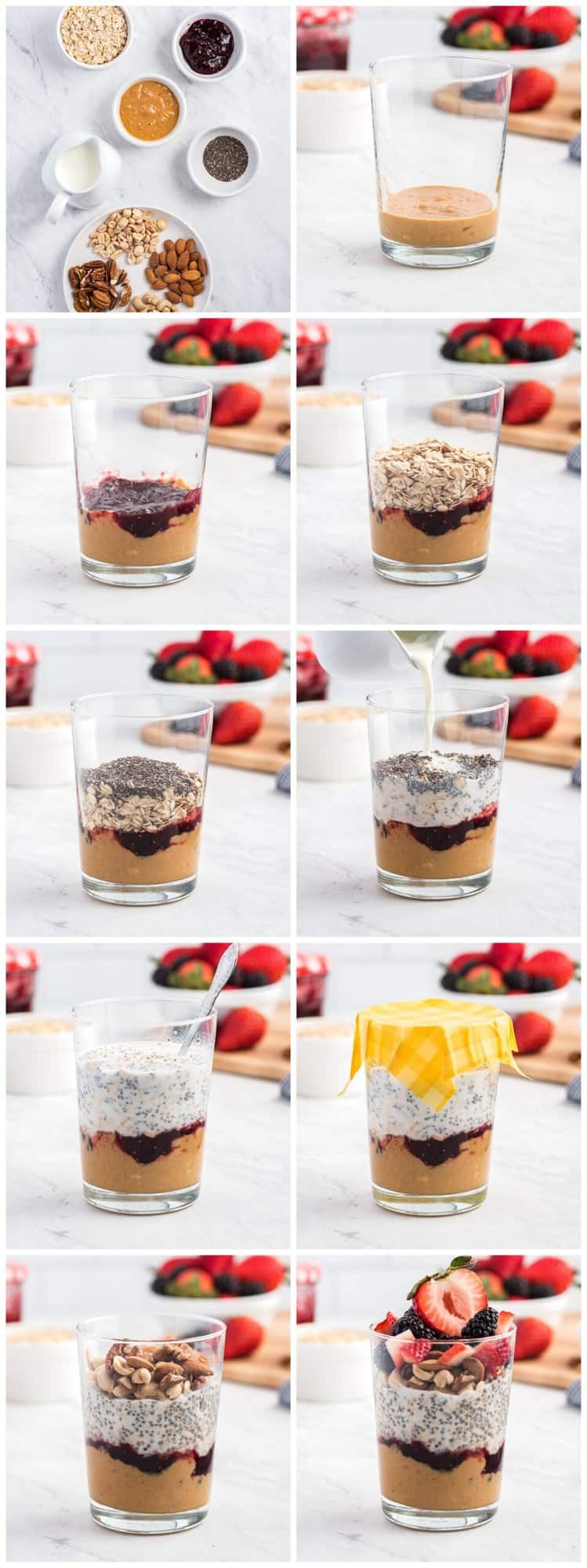 step by step photos of how to make PBJ overnight oats