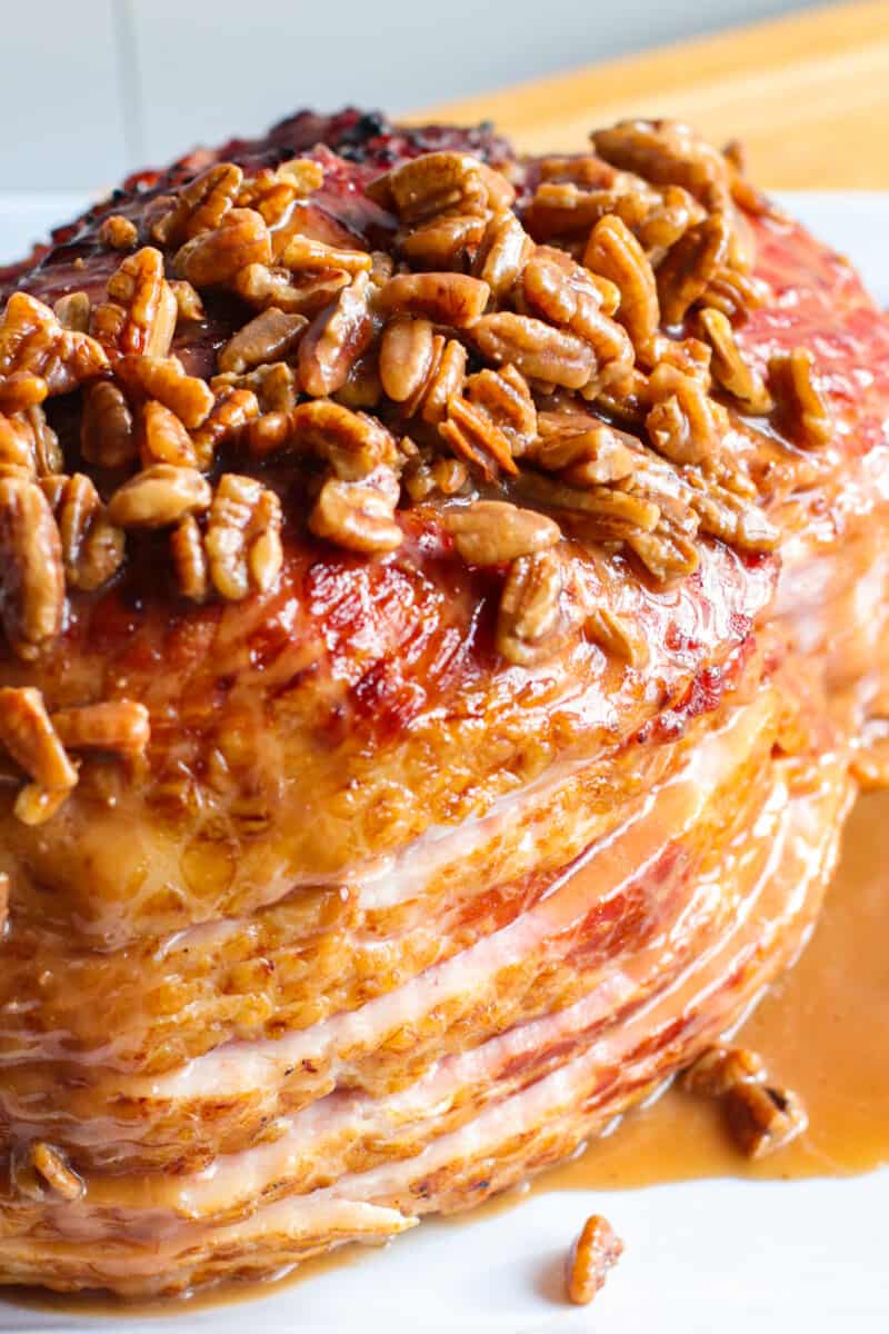 spiral ham topped with pecan bourbon glaze