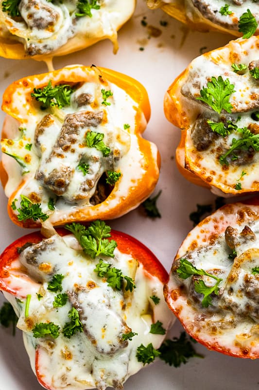up close image of philly cheesesteak stuffed peppers