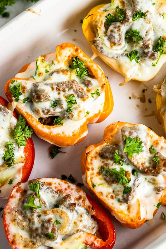 philly cheesesteak stuffed peppers in baking dish