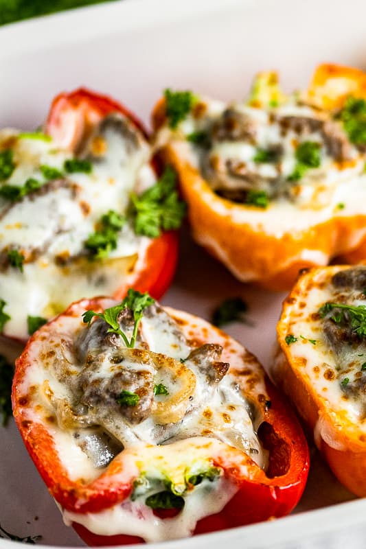 up close philly cheesesteak stuffed peppers