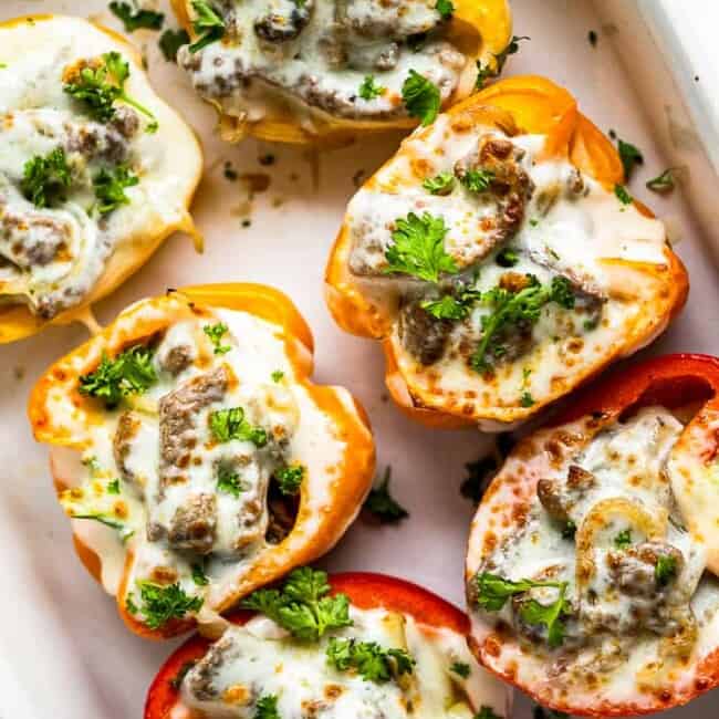 philly cheesesteak stuffed peppers in baking dish