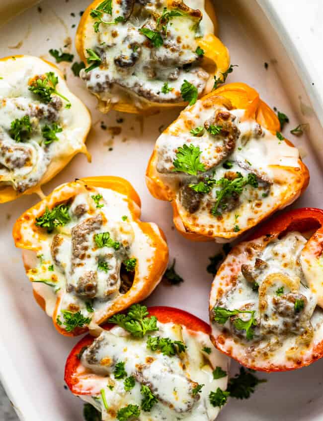 philly cheesesteak stuffed peppers in baking dish