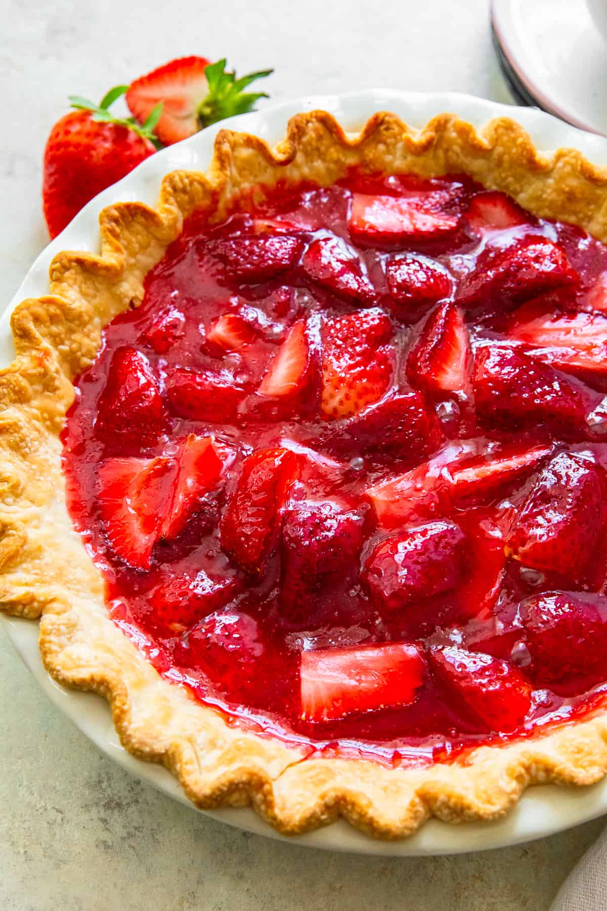 up close strawberry jello pie in pie plate